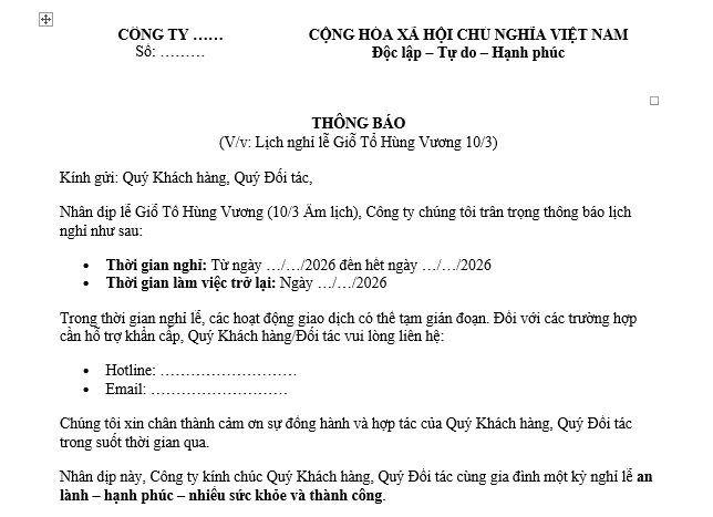 Mẫu Thông báo Lịch nghỉ Ngày Giỗ tổ Hùng Vương 10/3 kèm lời chúc gửi Quý khách hàng, Quý đối tác? Tải mẫu?