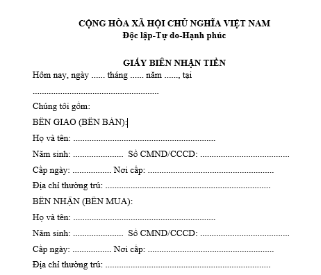 Mẫu giấy biên nhận tiền mua đất