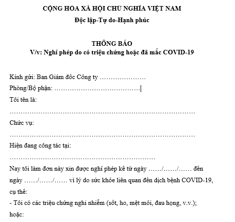 Mẫu Thông báo nghỉ phép khi có triệu chứng hoặc đã mắc COVID 19 của người lao động gửi công ty
