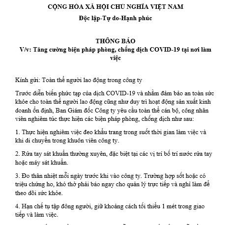  Mẫu Thông báo tăng cường biện pháp phòng chống dịch COVID-19 tại nơi làm việc của doanh nghiệp gửi người lao động