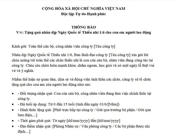 Mẫu thông báo tặng quà ngày Quốc tế thiếu nhi 1 6 cho con nhân viên, người lao động của công ty