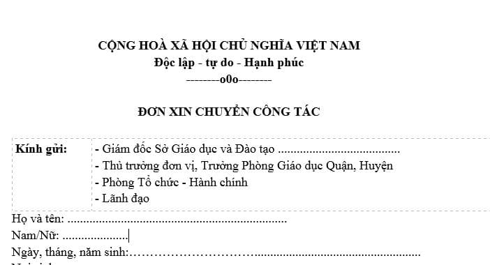 Mẫu đơn xin chuyển công tác cho giáo viên tiểu học (Mẫu 1)