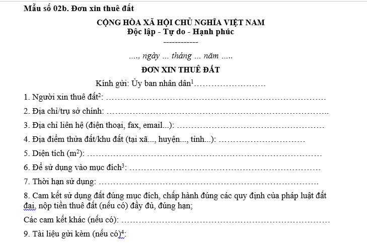 Mẫu Đơn xin thuê đất