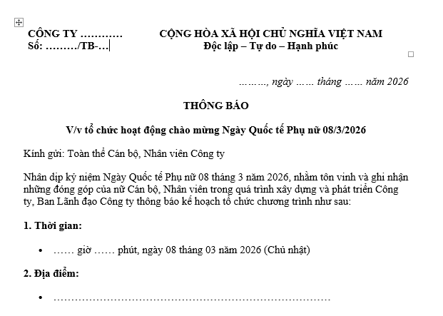 Mẫu thông báo tổ chức ngày Quốc tế Phụ nữ 8 tháng 3 năm 2026 cho công ty