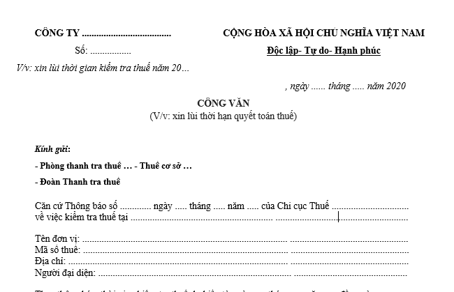 Mẫu Công văn xin lùi thời gian kiểm tra thuế