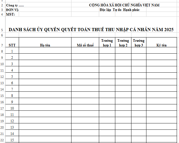 Mẫu danh sách ủy quyền quyết toán thuế TNCN năm 2025 file excel