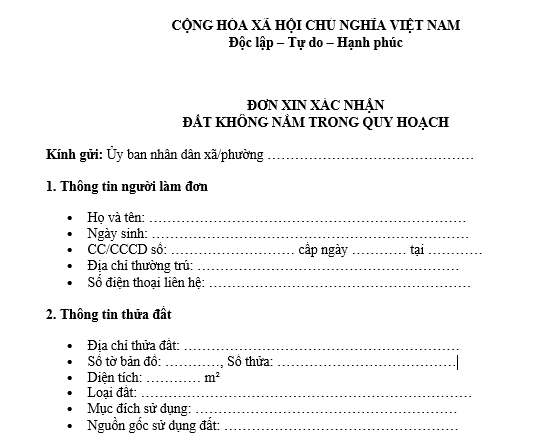 Mẫu Đơn xin xác nhận đất không nằm trong quy hoạch 2
