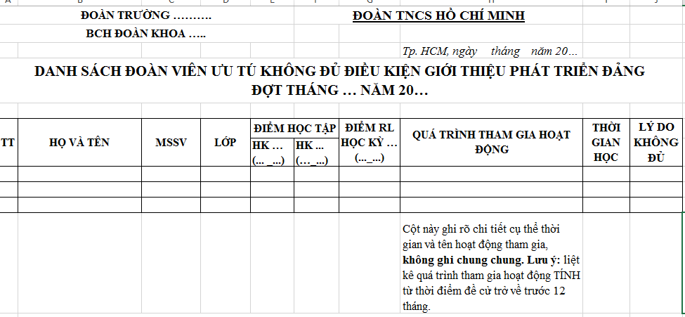 File excel Mẫu danh sách đoàn viên ưu tú chưa đủ điều kiện phát triển Đảng mới nhất?