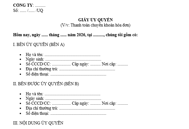 File word Mẫu Giấy ủy quyền cho cá nhân thanh toán chuyển khoản hóa đơn từ 5 triệu trở lên mới nhất 2026? Tải mẫu? 