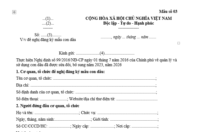 Mẫu Văn bản đề nghị đăng ký mẫu con dấu của cơ quan, tổ chức, chức danh nhà nước