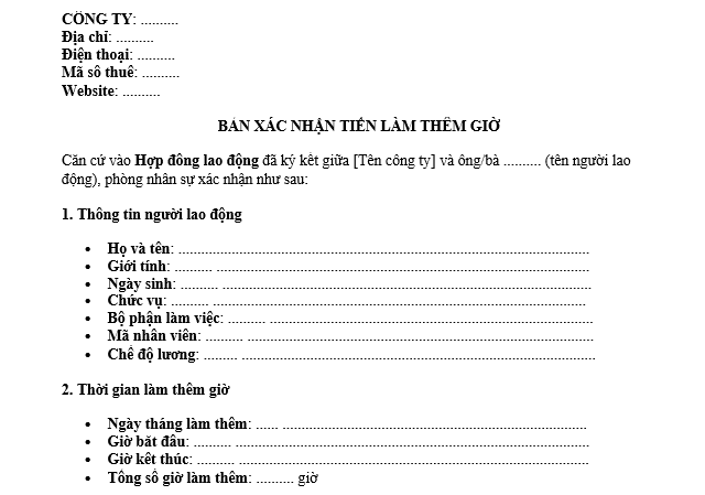 Mẫu Bản xác nhận tiền làm thêm giờ 2026 mới nhất? Tải file word Bản xác nhận tiền làm thêm giờ 2026 dành cho người lao động? 