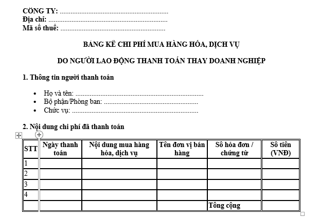 Mẫu Bảng kê chi phí mua hàng hóa dịch vụ do người lao động thanh toán thay doanh nghiệp mới nhất? Tải mẫu?