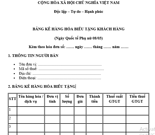 Mẫu bảng kê kèm hóa đơn hàng cho biếu tặng khách hàng ngày 8 tháng 3 theo Nghị định 70? 8 tháng 3 năm nay là thứ mấy? 