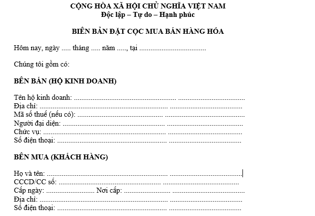 Mẫu biên bản đặt cọc mua bán hàng hóa giữa hộ kinh doanh và khách hàng? Tải mẫu biên bản đặt cọc file word?