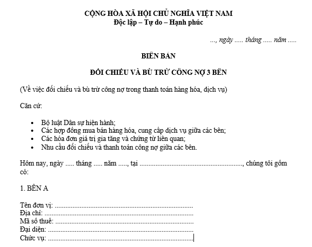 Mẫu Biên bản đối chiếu và bù trù công nợ 3 bên mới nhất 2026