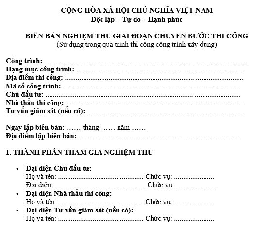 Mẫu Biên bản nghiệm thu giai đoạn chuyển bước thi công công trình xây dựng mới nhất? Tải về file word? 
