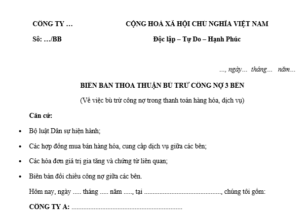Mẫu Biên bản thỏa thuận bù trù công nợ 3 bên trong thanh toán hàng hóa dịch vụ mới nhất? Tải mẫu ở đâu?