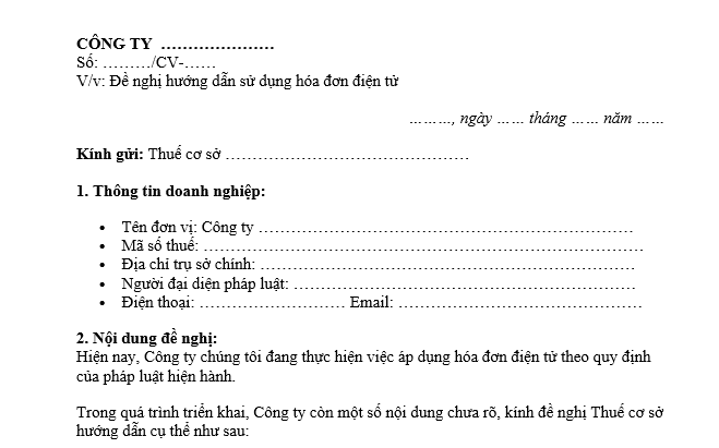  Mẫu Công văn đề nghị hướng dẫn sử dụng hóa đơn điện tử gửi cơ quan Thuế