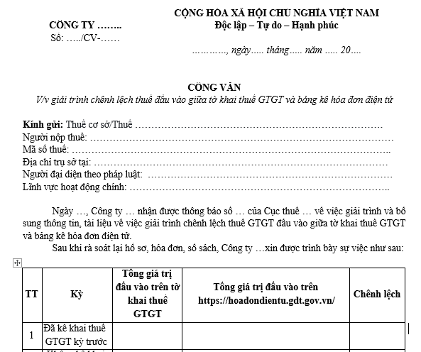 Mẫu Công văn giải trình chênh lệch thuế đầu vào giữa tờ khai thuế GTGT và bảng kê hóa đơn điện tử mới nhất 2026