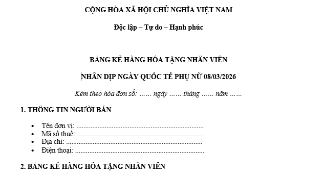 Mẫu Danh sách kèm theo hóa đơn hàng tặng nhân viên ngày Quốc tế Phụ nữ 2026