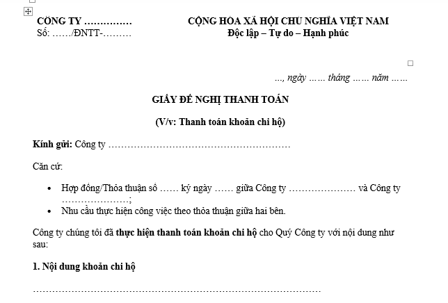 Mẫu Giấy đề nghị thanh toán khoản chi hộ công ty gửi bên thứ ba? Các khoản đã chi hộ bên thứ ba hạch toán vào tài khoản nào?