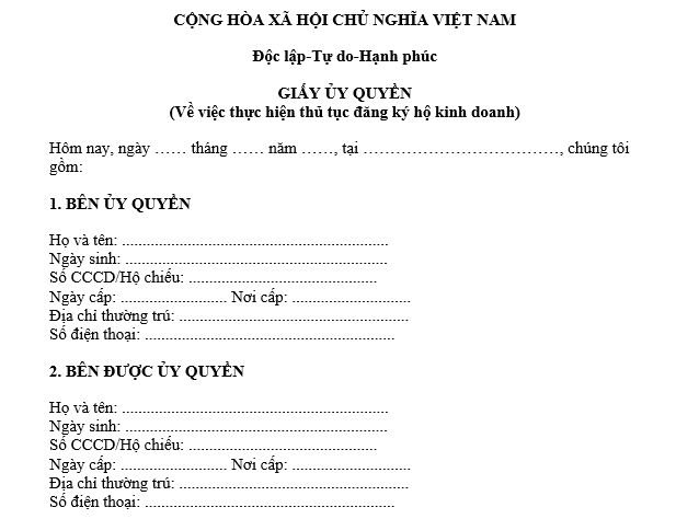 Mẫu giấy ủy quyền đăng ký hộ kinh doanh cho cá nhân 2026