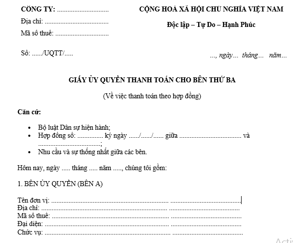  Mẫu Giấy ủy quyền thanh toán cho bên thứ ba theo hợp đồng