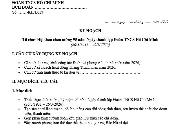 Mẫu Kế hoạch tổ chức Hội thao Chào mừng 95 năm Ngày thành lập Đoàn TNCS Hồ Chí Minh
