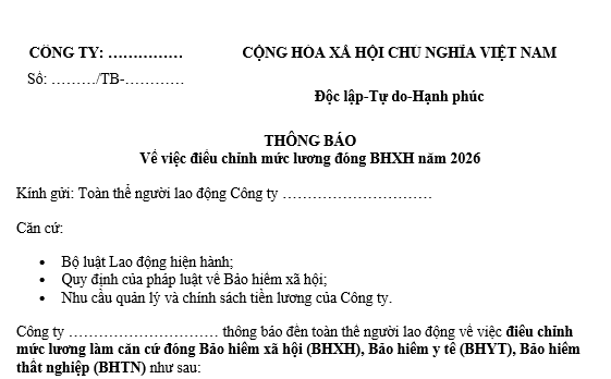 Mẫu thông báo điều chỉnh mức lương đóng BHXH 2026 cho doanh nghiệp