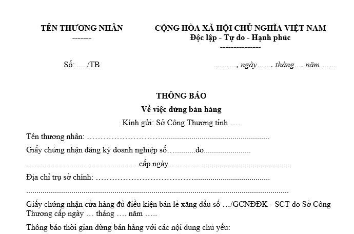Mẫu Thông báo cửa hàng dừng bán lẻ xăng dầu gửi Sở Công Thương. 