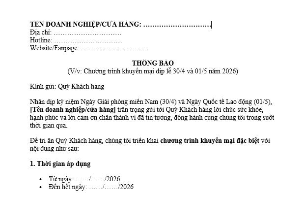 Mẫu thông báo khuyến mại lễ 30 tháng 4 và 1 tháng 5 năm 2026 gửi khách hàng?