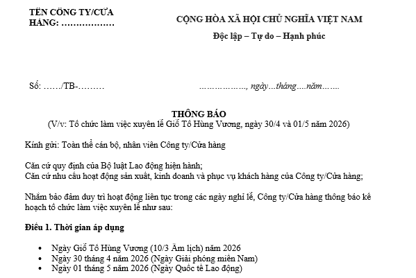 Mẫu Thông báo làm việc xuyên lễ Giỗ Tổ Hùng Vương 2026, 30/4 và 1/5/2026 cho doanh nghiệp, công ty, cửa hàng?