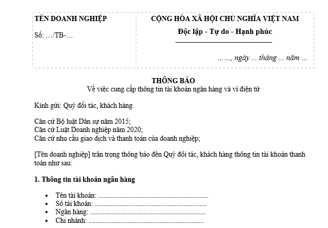 Mẫu Thông báo số tài khoản ngân hàng số hiệu ví điện tử doanh nghiệp gửi đối tác khách hàng
