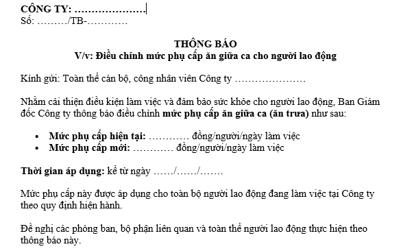 Mẫu Thông báo tăng tiền phụ cấp ăn giữa ca ăn trưa cho người lao động