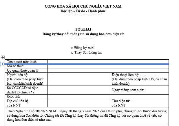 Mẫu Tờ khai đăng ký tích hợp hóa đơn điện tử với biên lai thu thuế, phí, lệ phí mới nhất 2026 có dạng