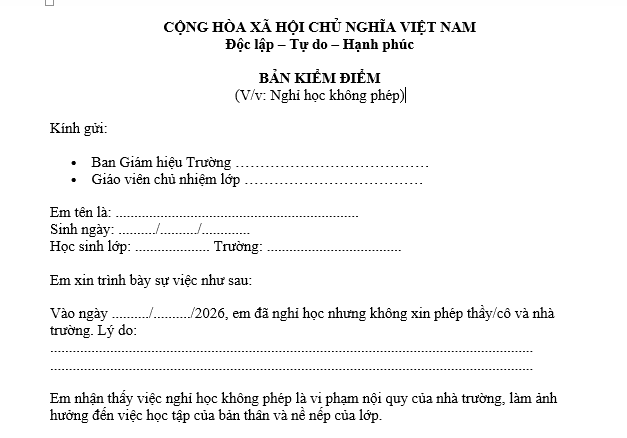 Mẫu bản kiểm điểm học sinh nghỉ học không phép 2026 mới nhất