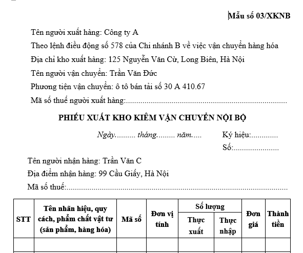 Mẫu phiếu xuất kho kiêm vận chuyển hàng hóa từ công ty cho chi nhánh cửa hàng trực thuộc