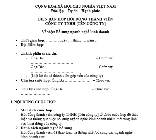 Mẫu Biên bản họp bổ sung ngành nghề kinh doanh của hội đồng thành viên công ty