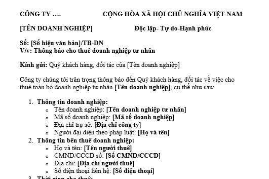 Mẫu thông báo cho thuê doanh nghiệp tư nhân gửi khách hàng, đối tác