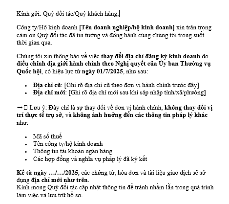 Mẫu Email thông báo thay đổi địa chỉ công ty, hộ kinh doanh sau sáp nhập tỉnh gửi đối tác để đảm bảo hợp đồng, hóa đơn, chứng từ không bị sai thông tin