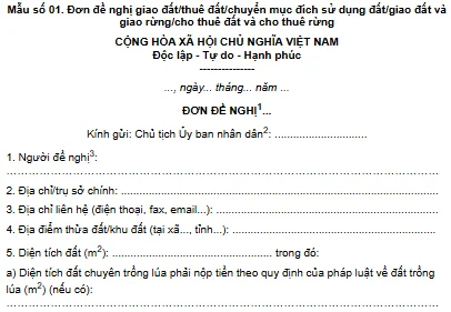 Mẫu đơn đề nghị chuyển mục đích sử dụng đất mới nhất