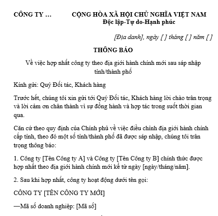 Mẫu Thông báo hợp nhất công ty theo địa giới hành chính mới sau sáp nhập tỉnh thành gửi quý đối tác, khách hàng
