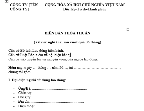 Mẫu biên bản thỏa thuận thời gian nghỉ thai sản nhiều hơn 6 tháng dành cho lao động nữ