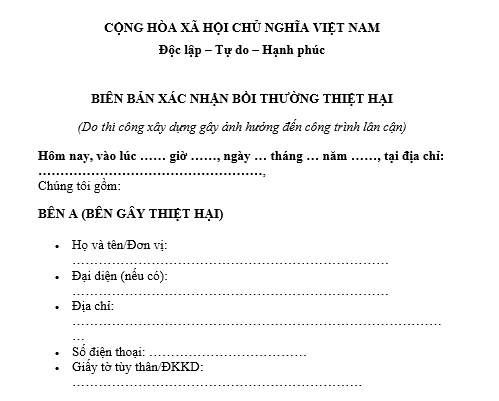 Mẫu biên bản xác nhận bồi thường thiệt hại khi thi công xây dựng làm nứt tường nhà hàng xóm