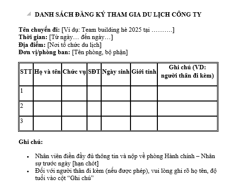 Mẫu danh sách đăng ký đi du lịch công ty
