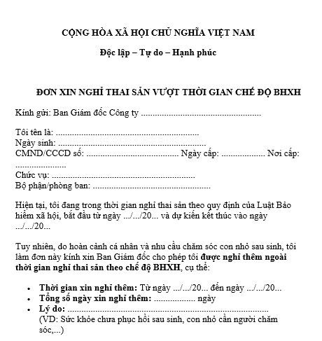 Mẫu đơn xin nghỉ thai sản vượt quá thời gian được BHXH chi trả dành cho lao động nữ