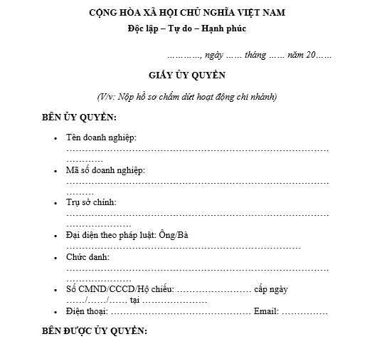  Mẫu giấy ủy quyền nộp hồ sơ chấm dứt hoạt động chi nhánh