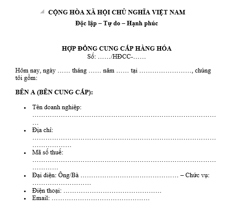 Mẫu Hợp đồng cung cấp hàng hóa cho hệ thống phân phối