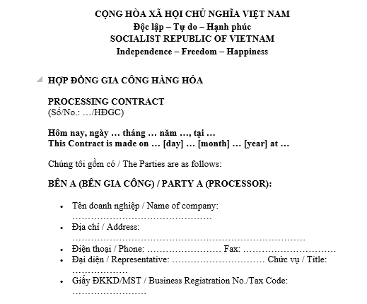 Mẫu Hợp đồng gia công hàng hóa song ngữ Anh Việt