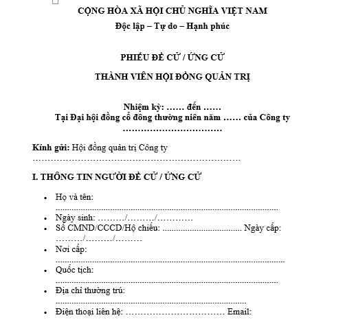 Mẫu phiếu đề cử ứng cử thành viên Hội đồng quản trị công ty đại chúng